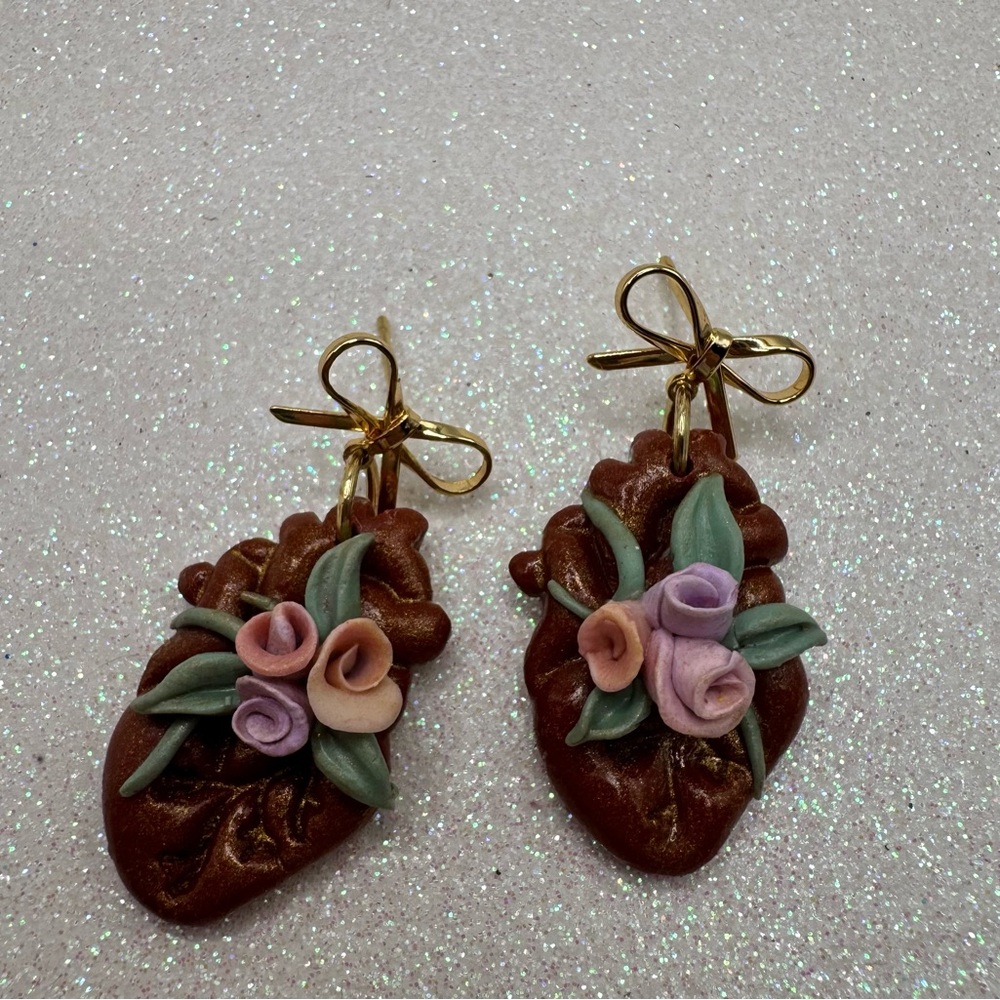 Anatomy Heart Earrings with Floral and Gold Accents